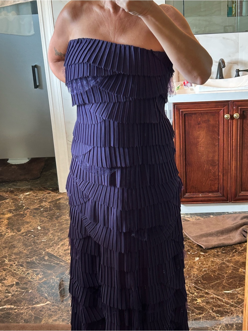 Tadashi Shoji Strapless Pleated Tiered Maxi Dress in Deep Navy